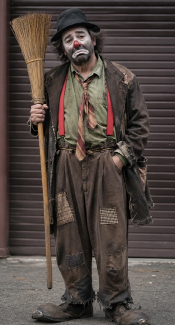 DIY Emmett Kelly Hobo Clown Costume with distressed patched jacket, green shirt, red suspenders, Weary Willie clown makeup, red nose, and broom prop