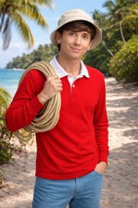 DIY Gilligan Costume red shirt bucket hat blue pants