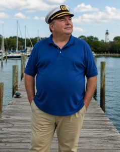 DIY Skipper Costume with blue shirt and captain hat