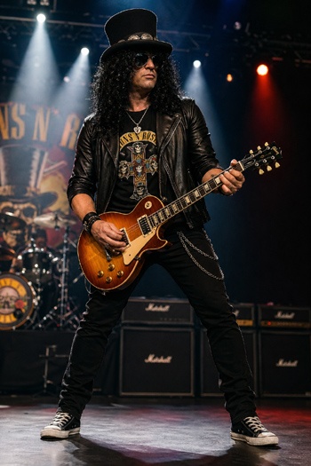 DIY Slash Costume with black top hat, dark curly rocker wig, leather jacket, Guns N Roses t-shirt, metal aviation sunglasses, and guitar prop