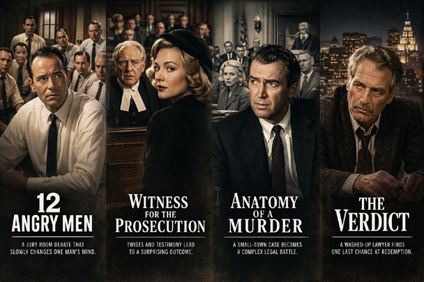 Legal Movies corporate courtroom with young lawyer facing powerful legal team