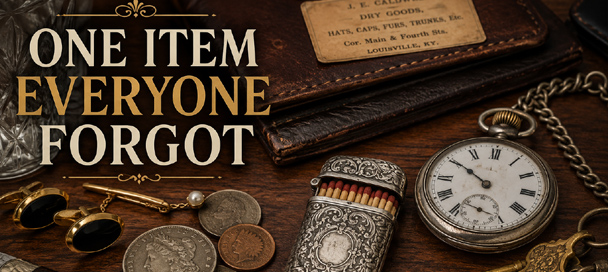 Collecting Match Safes with antique pocket treasures including an ornate silver match safe, pocket watch, vintage keys, and coins arranged on a gentleman's desk.