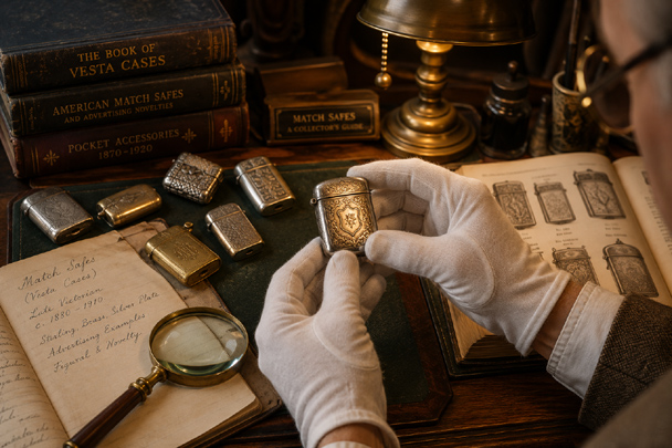 A collector carefully examines an antique silver vesta case while Collecting Match Safes with reference books, archival gloves, and historical examples on a desk.