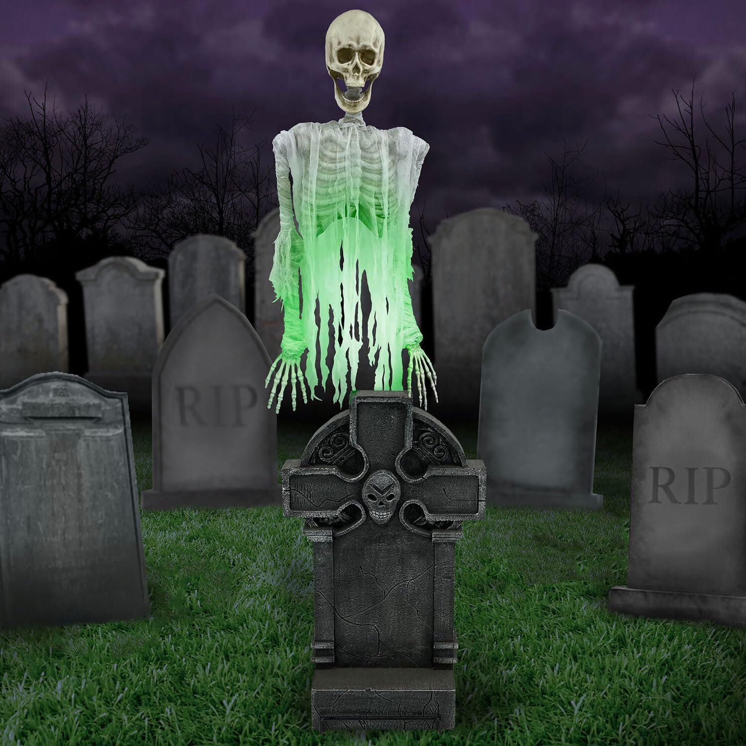 Ghost Over Tombstone Animatronic displayed on covered porch at night with green LED glow