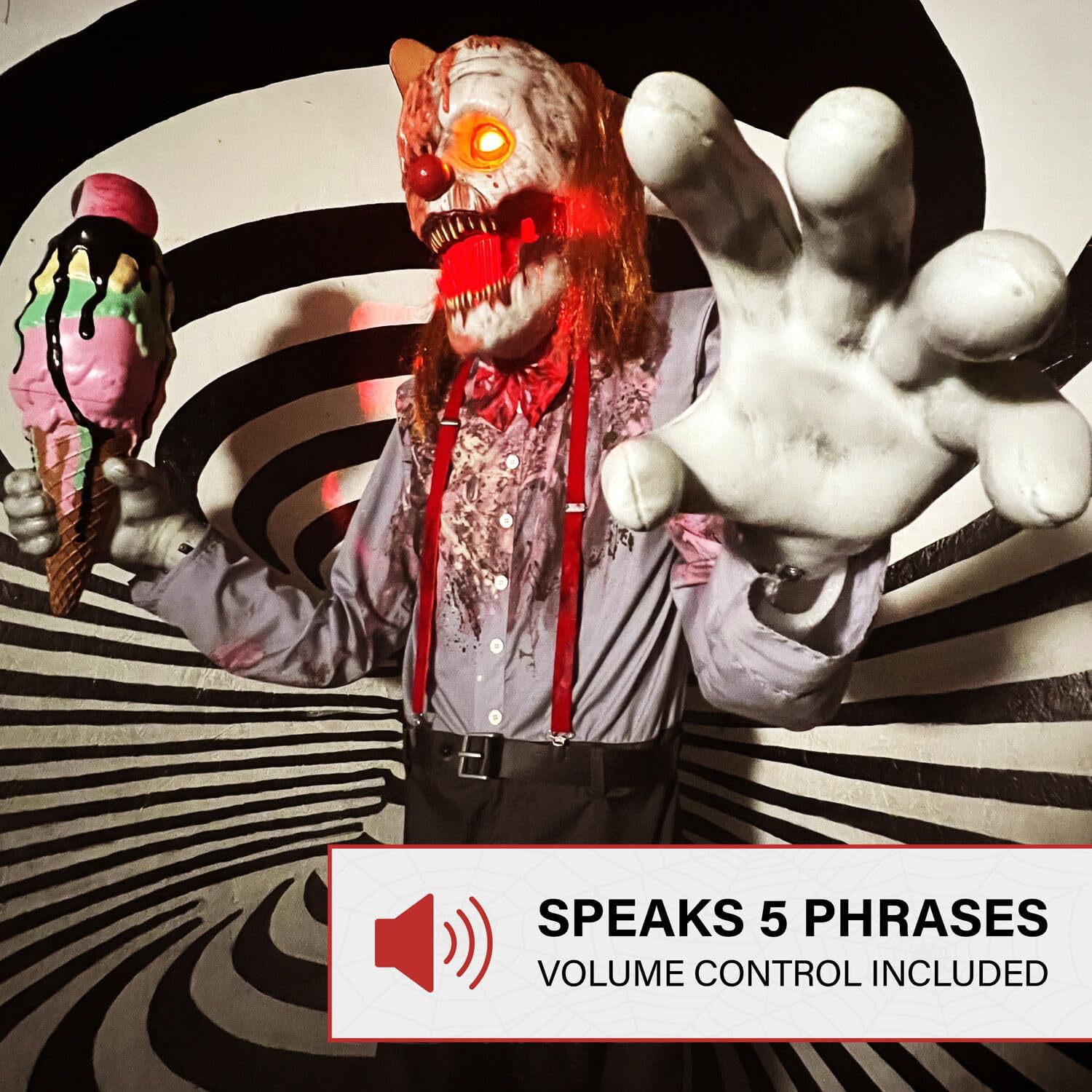 I Scream Clown Animatronic displayed in haunted porch setting at night