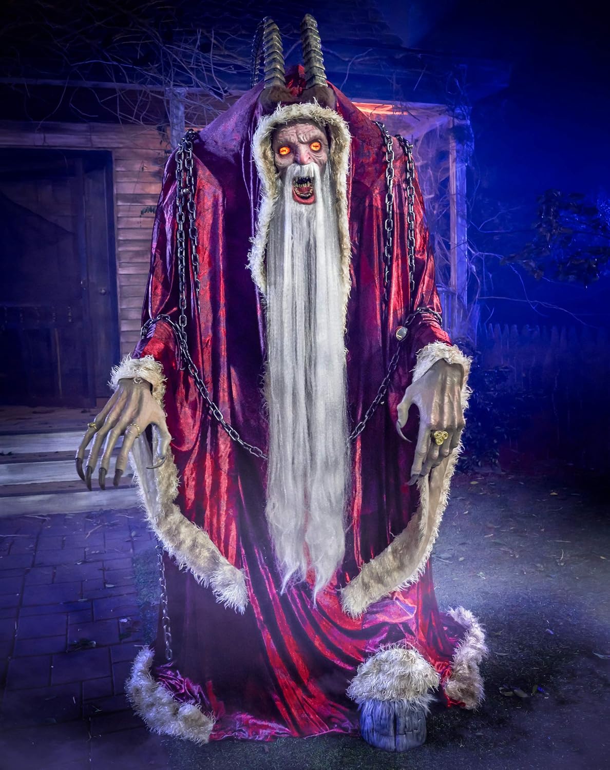 Krampus Animatronic in darkened seasonal display with light-up eyes active and full height visible
