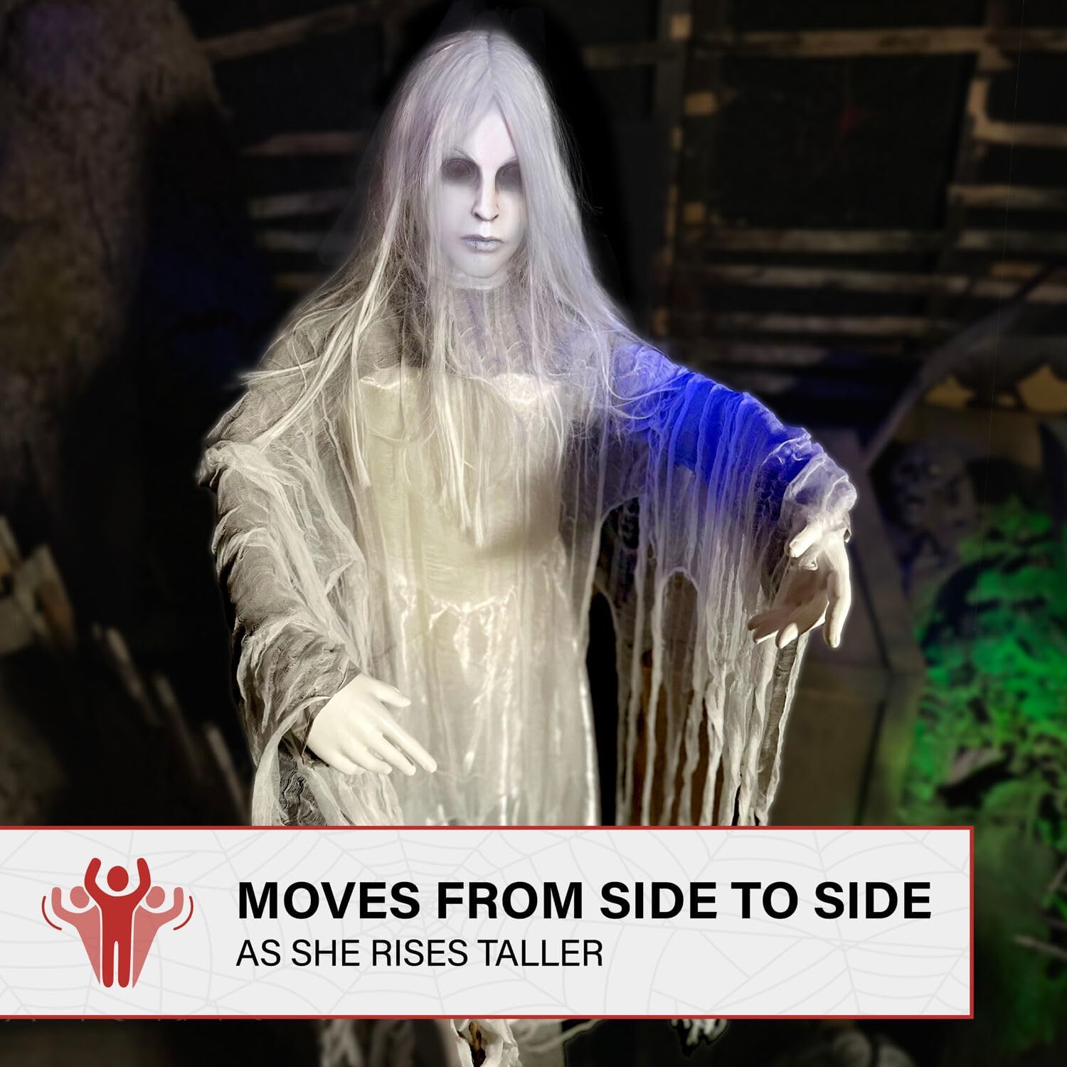 Rising Ghost Woman Animatronic staged in haunted foyer display at night
