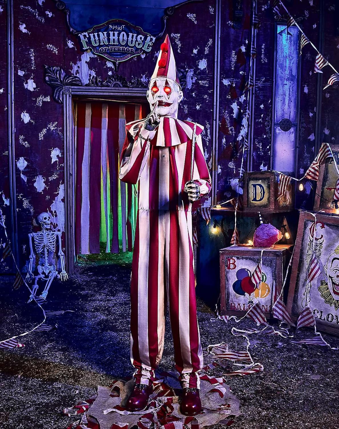 Silent and Deadly Clown Animatronic in darkened haunted hallway with red LED eyes glowing