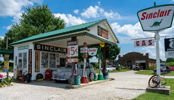 Vintage gas station on Route 66 during America's golden age of roadside travel