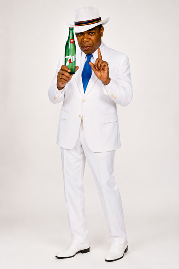 DIY 7UP Uncola Man Costume with white suit and 7UP bottle