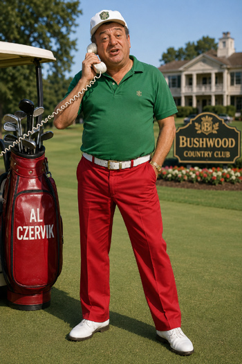 DIY Al Czervik costume with green polo red pants white belt white golf cap and telephone handset from Caddyshack