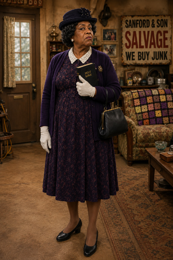 DIY Aunt Esther costume with dark church dress church hat Bible and structured purse from Sanford and Son