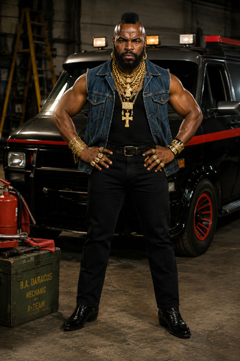 DIY B.A. Baracus Mr. T Costume with denim vest black muscle shirt mohawk and gold jewelry from The A-Team