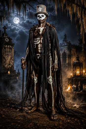 DIY Baron Samedi Voodoo Priest Costume with skeleton body paint and top hat