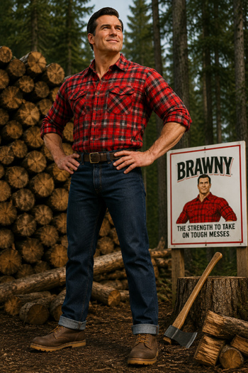 DIY Brawny Man Costume with red flannel shirt, jeans, and axe