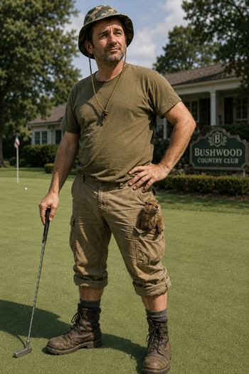 DIY Carl Spackler costume with camo bucket hat cargo pants work boots golf putter and fake gopher from Caddyshack