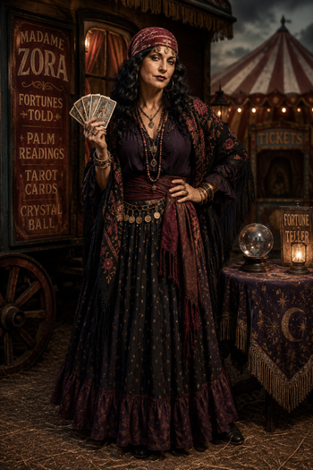 DIY Carnival Fortune Teller Costume with layered scarves and crystal ball