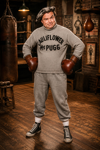 DIY Cauliflower McPugg Costume with lettered sweater, newsboy cap, and boxing gloves