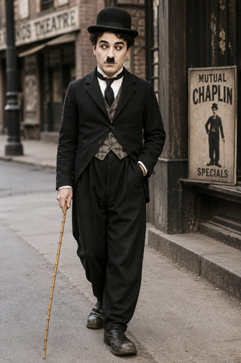 DIY Charlie Chaplin's Tramp Costume with bowler hat and bamboo cane