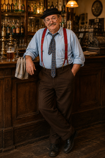 DIY Charlie Weaver Bartender Costume with suspenders, round glasses, and crushed hat