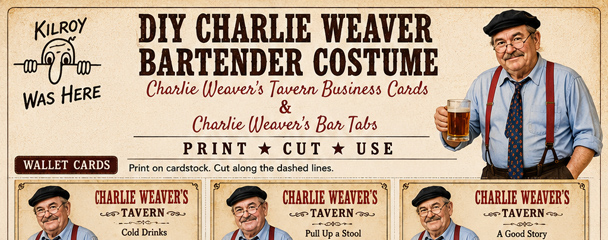 Free printable Charlie Weaver's Tavern Business Cards & Charlie Weaver's Bar Tabs for your DIY Charlie Weaver Bartender Costume