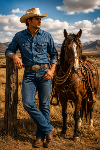 DIY Classic Cowboy Costume with denim shirt, jeans, boots, and hat