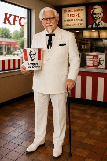 DIY Colonel Sanders Costume with white suit, black tie, and KFC bucket