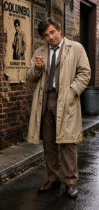 DIY Columbo costume with tan rumpled raincoat mismatched tie and prop cigar inspired by Peter Falk