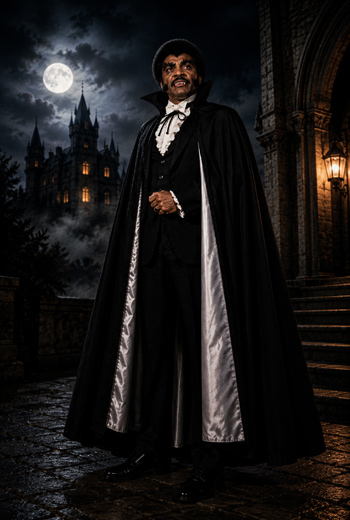 DIY Count Blacula Costume with black cape and ruffled shirt