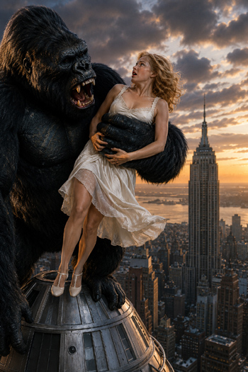 DIY Damsel in Distress costume with white dress blonde hair raised hands and wide eyed expression from King Kong