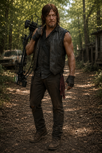 DIY Daryl Dixon Walking Dead Costume with sleeveless vest, crossbow, and weathered gear