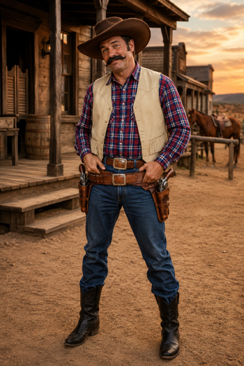 DIY Deadeye Cowboy Costume with fringe vest, cowboy hat, and mustache