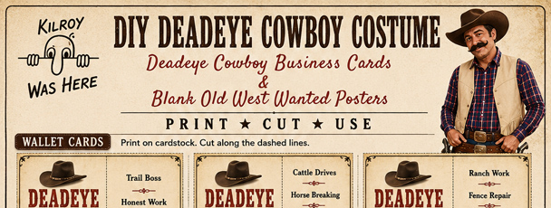 Free printable Deadeye Cowboy Business Cards & Blank Old West Wanted Posters for your DIY Deadeye Cowboy Costume