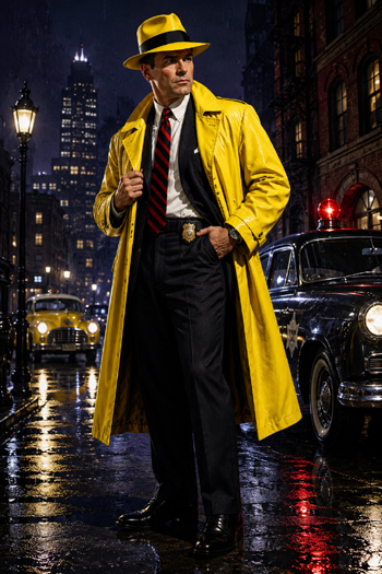 DIY Dick Tracy Costume with yellow trench coat, fedora, and badge