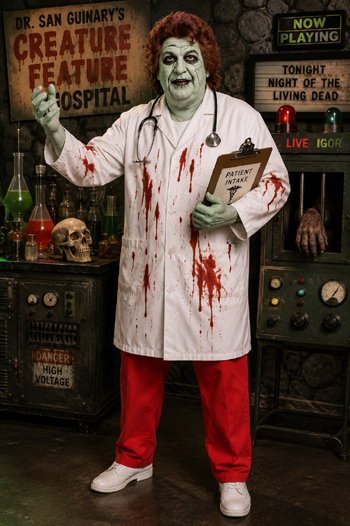 DIY Dr. San Guinary Costume with green face paint and bloody lab coat