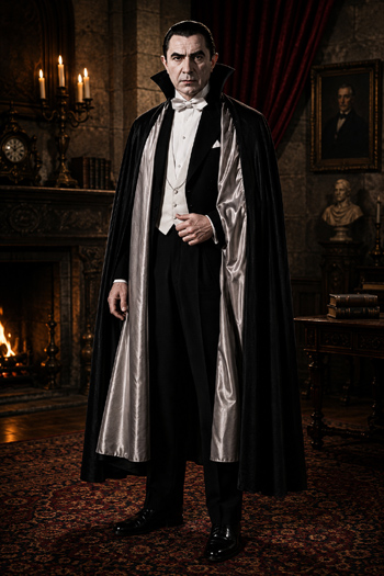 DIY Dracula Costume with black suit, cape, and white bow tie