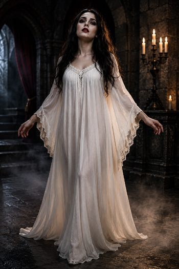 DIY Dracula's Bride Costume with white gown, pale makeup, and lace veil