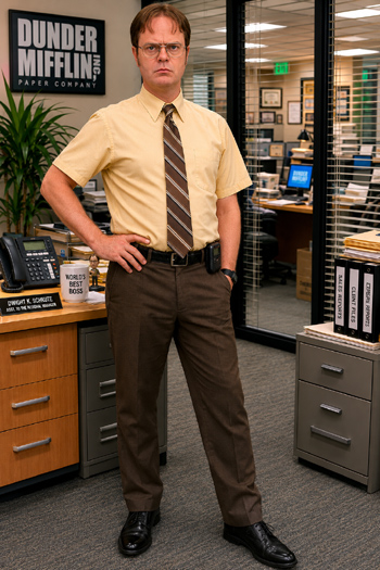 DIY Dwight Schrute costume with mustard shirt brown suit calculator watch pager and center parted hair from The Office