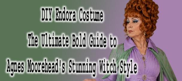 DIY Endora costume with violet gown green cape and gold jewelry inspired by Bewitched
