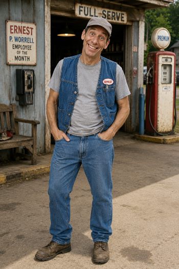 DIY Ernest P. Worrell Costume with denim vest, gray cap, and milk crate