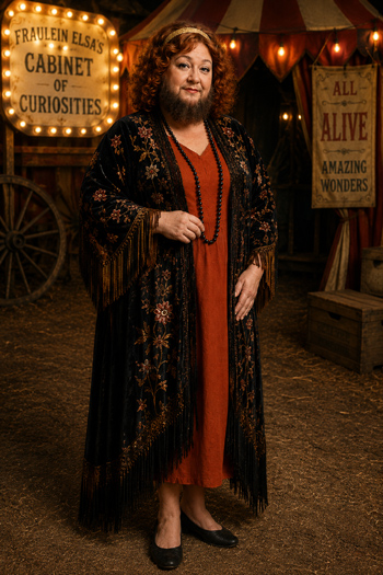 DIY Ethel Darling costume with black fringe kimono auburn wig gold headband and spirit gum beard from American Horror Story Freak Show