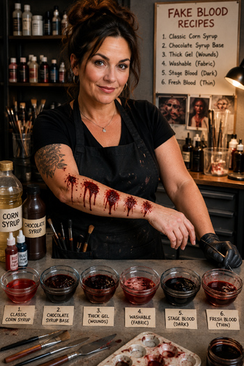 DIY fake blood recipes in small bowls with application tools for Halloween costumes cosplay and film effects