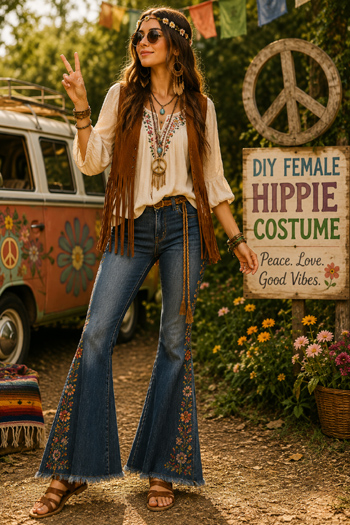 DIY Female Hippie Costume with bell bottoms, fringe vest, and flower crown