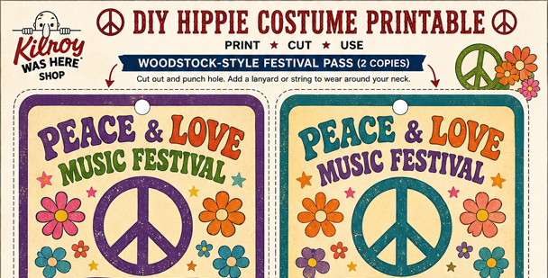 Free printable VIP Pass & Mini Protest Sign for your DIY Female Hippie Costume
