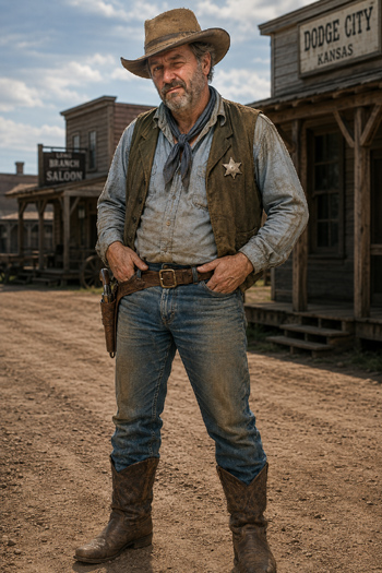 DIY Festus Haggen costume with worn jeans tucked in cowboy boots distressed vest aged cowboy hat and scruffy beard from Gunsmoke