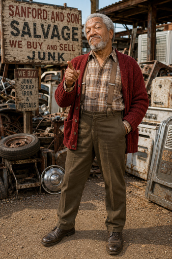 DIY Fred G Sanford costume with dark red cardigan plaid shirt suspenders gray wig and work boots from Sanford and Son