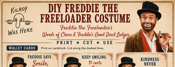 Free printable Freddie the Freeloader's Words of Cheer & Freddie's Good Deed Ledger for your DIY Freddie the Freeloader Costume