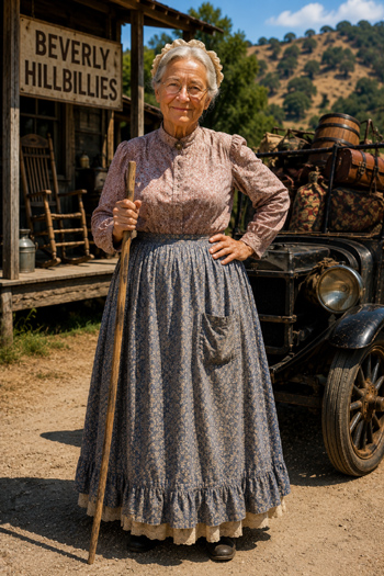 DIY Granny Moses costume with calico dress gray bun bonnet wire glasses and walking stick from The Beverly Hillbillies