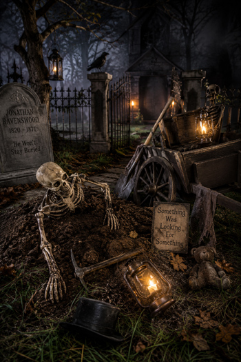 DIY Halloween decorations featuring a skeleton and aged props in a story driven display