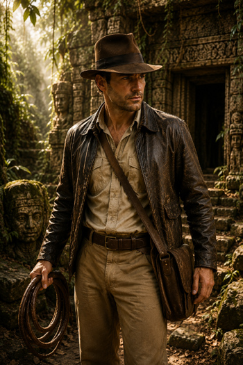 DIY Indiana Jones costume with brown leather jacket fedora khaki clothes prop whip and leather satchel